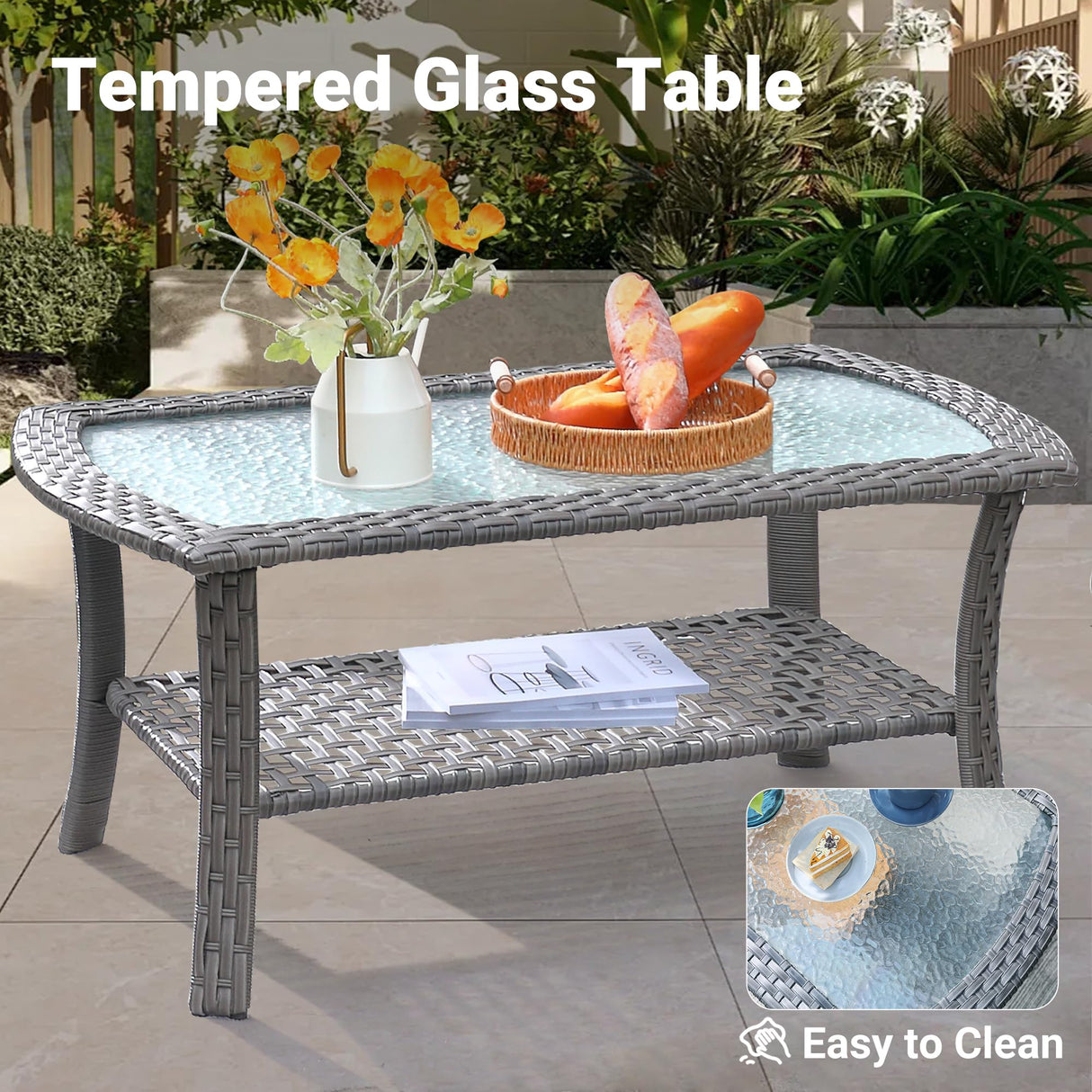 ovios 4 Pieces Patio Furniture Set, Outdoor Wicker Sofa with Coffee Table, Chairs, All Weather High Back Rattan Loveseat Couch with Comfy Cushions, Denim Blue ovios