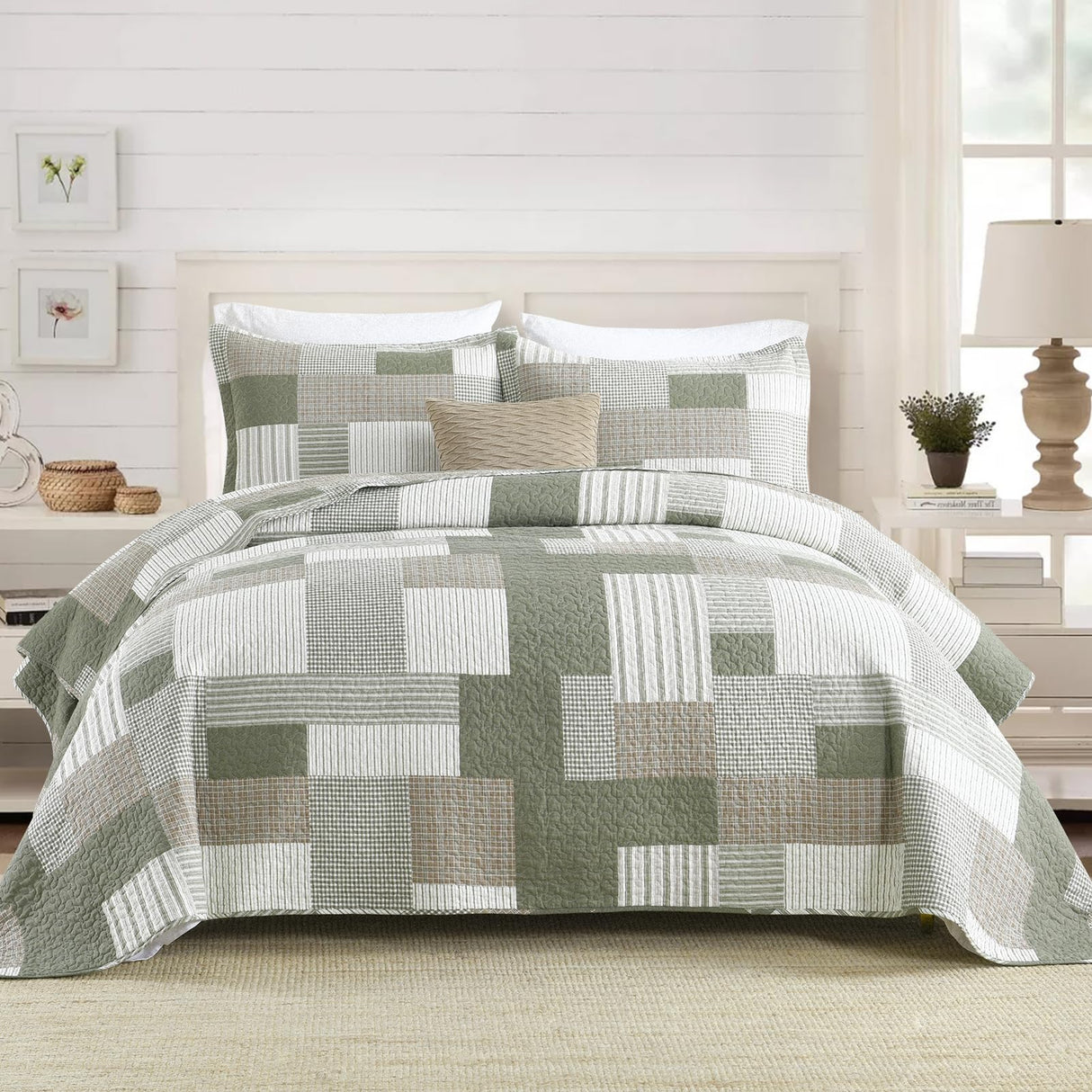 SahSahCasa Quilt King Size, King Quilt Set, 100% Cotton King Quilt Bedding Set Bedspreads, Farmhouse Patchwork Quilt, Plaid Reversible Lightweight Rustic Bedspread, Green/Brown, 3Pcs SahSahCasa