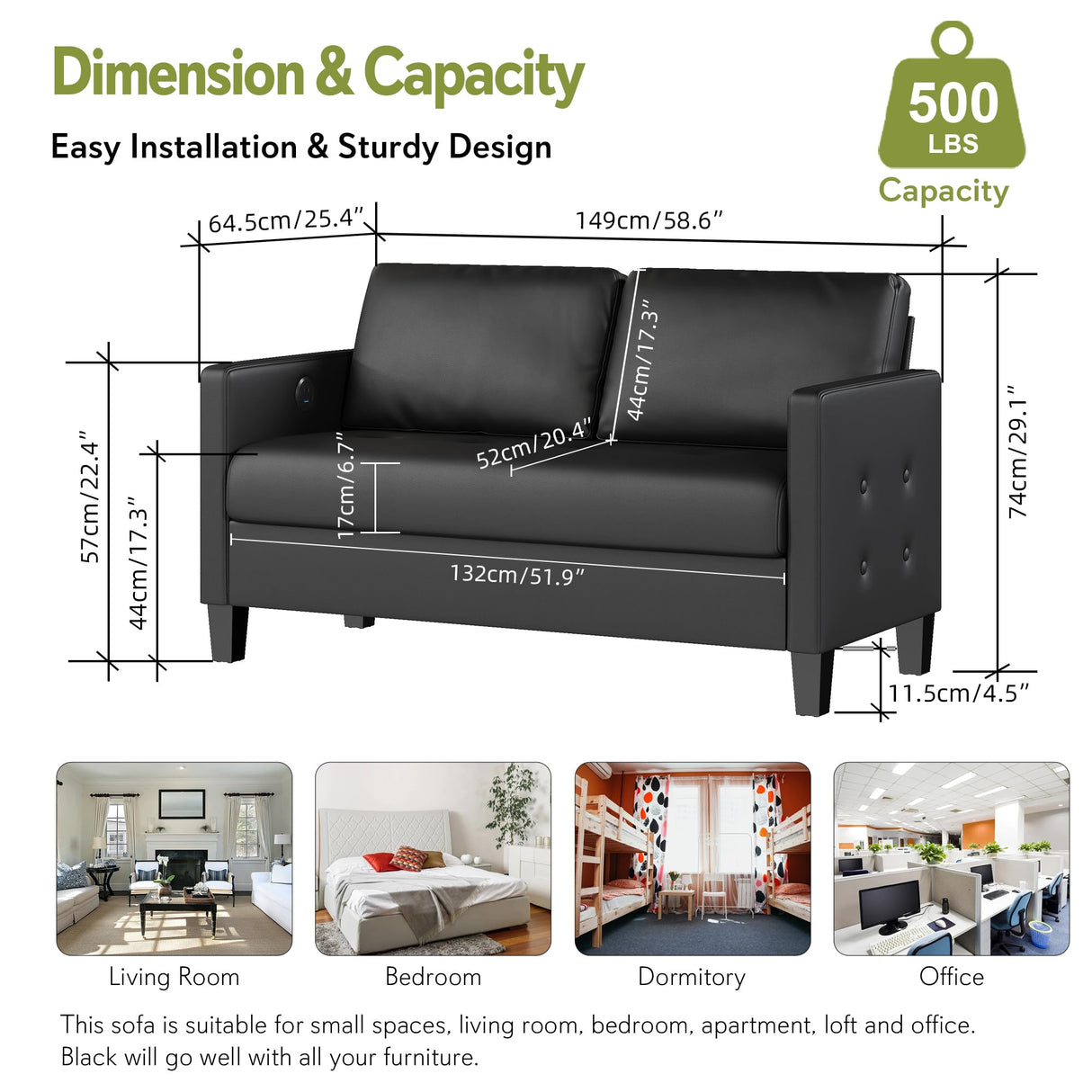 STHOUYN 59” Black Faux Leather Sofa Couch, Modern Comfy Office 2 Seater Couch Loveseat with USB and Tufted Armrest, Small Love Seat Couches for Living Room, Bedroom, Apartment STHOUYN