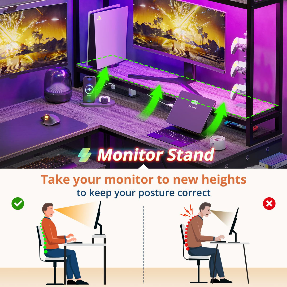 VIGKOOK L Shaped Gaming Desk, Reversible Corner Computer Desk with Power Outlet & Led Strip Home Office Desks Drawer File Cabinet Keyboard Tray (Dark Grey, 67in) VIGKOOK