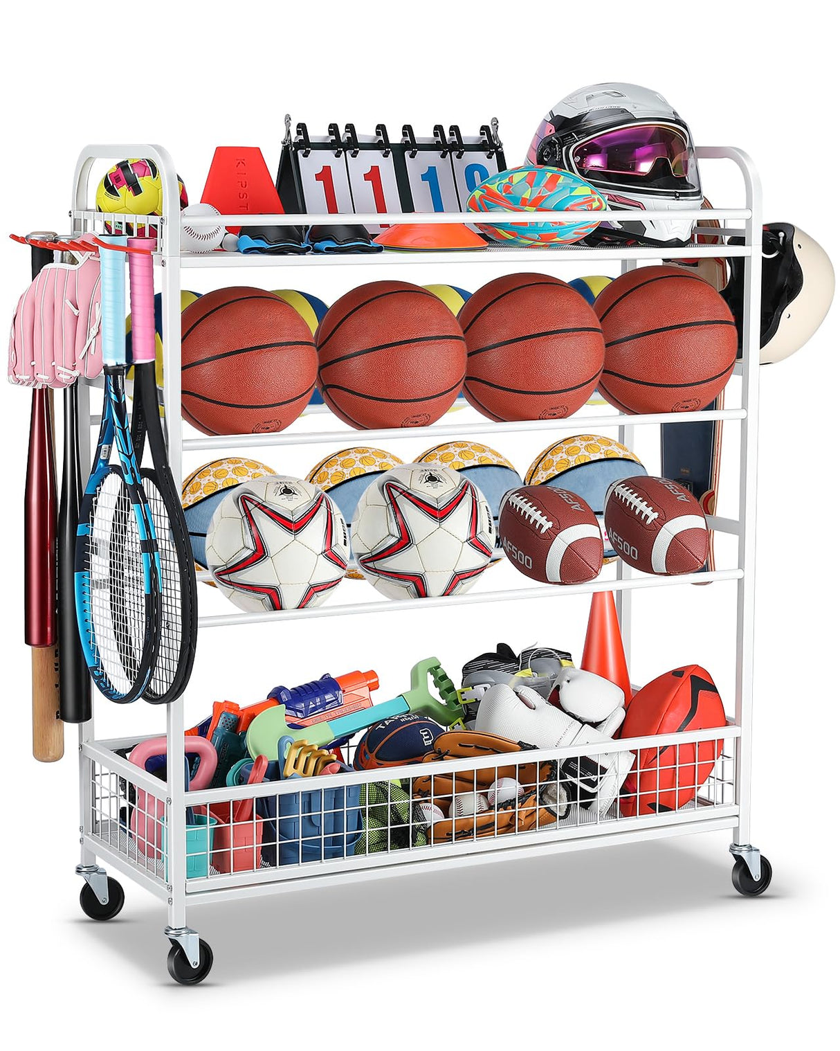 EXTCCT Garage Sports Equipment Organizer - Rolling Ball Storage Bin with Wheels, Garage Sports Gear Rack Outdoor Basketball Racks for Balls with Baseball Bat Holder and Hooks, Toy Organizer(White) EXTCCT