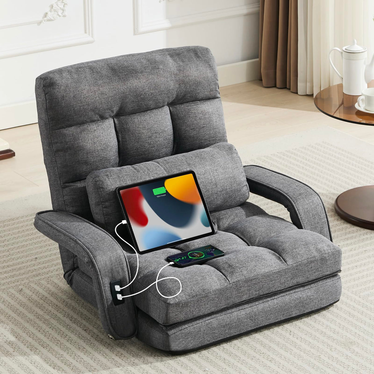 STHOUYN Folding Sofa Bed, Convertible Sleeper Chair Bed with USB, Floor Chair with 5-Position Adjustable Back Support, Small Comfy Couch for Bedroom Small Space, Cozy Chair, Apartment Dorm (Dark Grey) STHOUYN