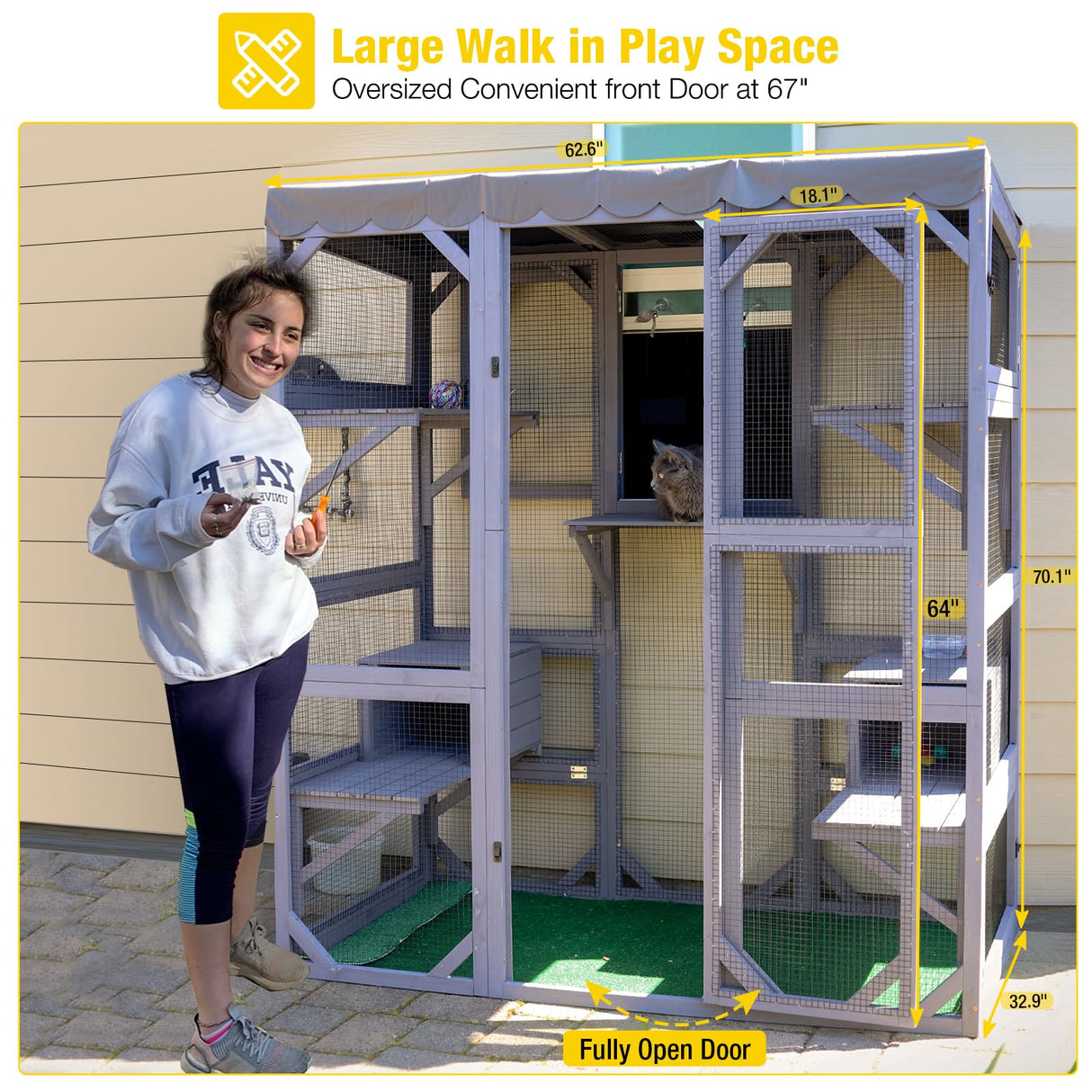 Aivituvin Cat House Outdoor Catio Kitty Enclosure with Super Large Enter Door,Wooden Cat Cage Condo Indoor Playpen with Platforms,Small House,70 Inch Aivituvin