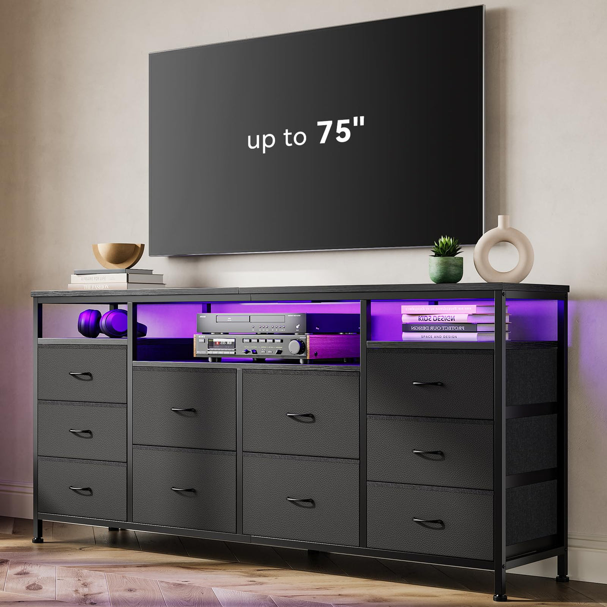 63.3 Inch Black Dresser for Bedroom, 10 Drawer Dresser TV Stand for 65 70 75 Inch TV, Fabric Chest of Drawers with LED Lights & Power Outlets, Long Entertainment Center for Closet, Living Room, Entryw GarveeHome
