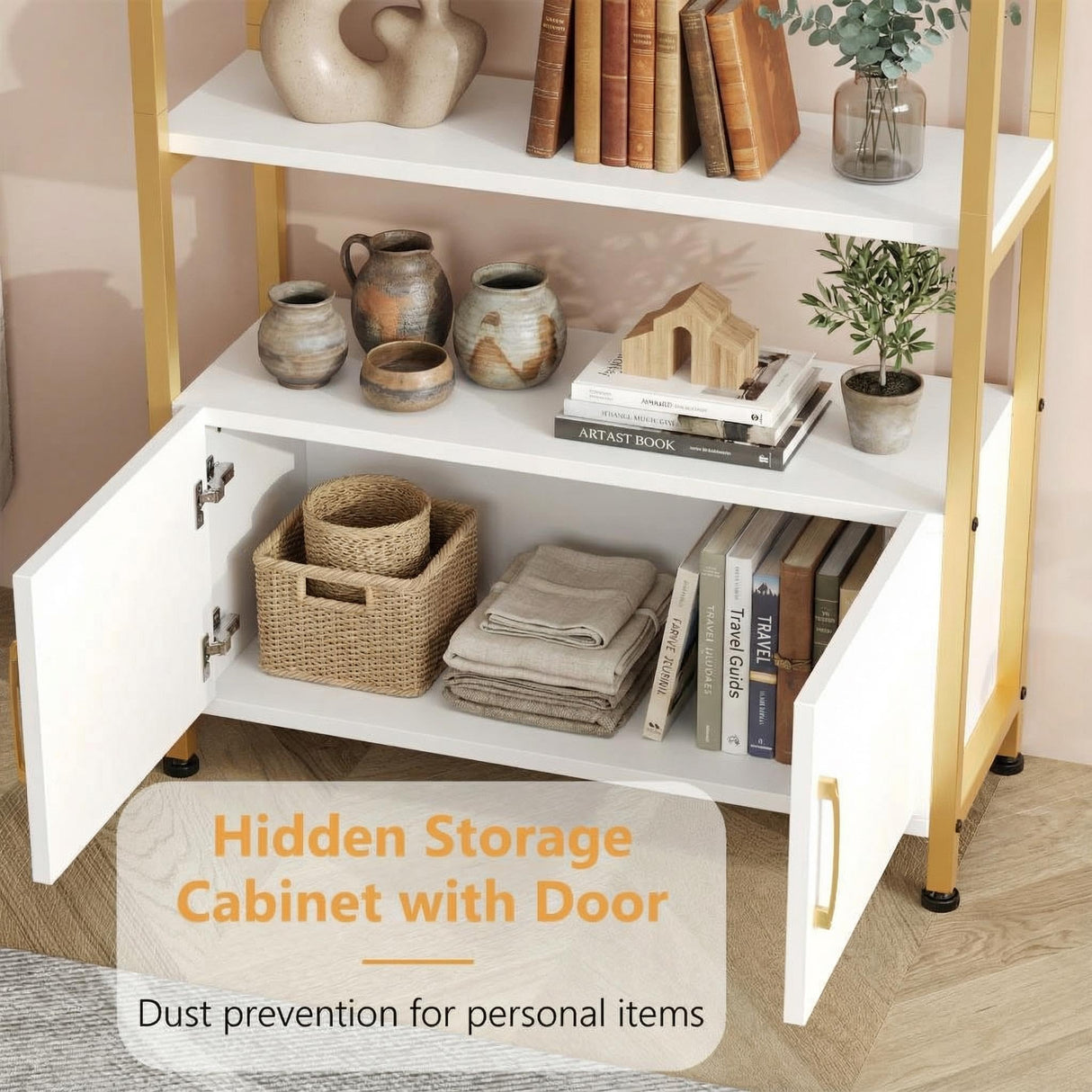 Garvee Gold Bookshelf, Arched Bookcase with Studry Metal Frame and Quality Board, Modern Book Shelf with 4-Tier Open Shelves for Living Room, Bookshelf with Doors Storage,71.5" Tall Book Shelf Garvee