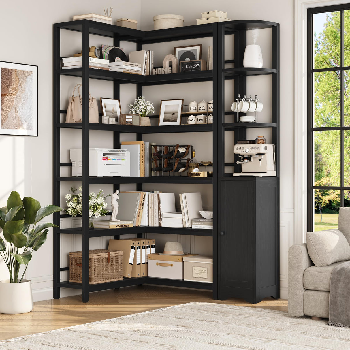 Keyluv Black Corner Bookshelf 72" Tall Corner Book Shelves Cases 2 Pieces Open Bookcase Large Storage Display Shelf Standing 6 Tier Shelving Unit with Cabinet for Home office Living Room, Wood & Metal Keyluv
