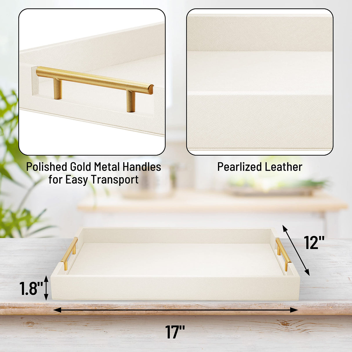 ATZYmolin 17" x 12" Wood Serving Tray with Gold Polished Metal Handles, Home Decorative Wooden Rectangle Ottoman Leather Decor Platter Bathroom Vanity Tray for All Occasions White ATZYmolin