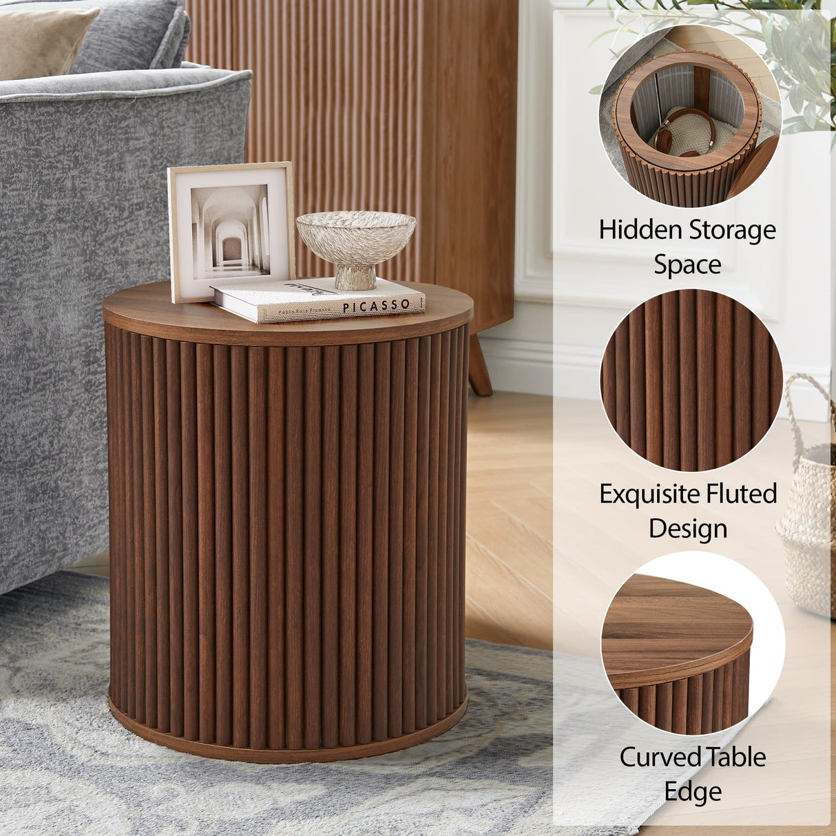 AVZEAR Small Round Side Table Fluted Night Stand Set of 2, Mid Century Modern End Table with Storage, Circle Bedside Tables Wood Nightstands for Small Spaces, Living Room, Bedroom (Walnut) AVZEAR