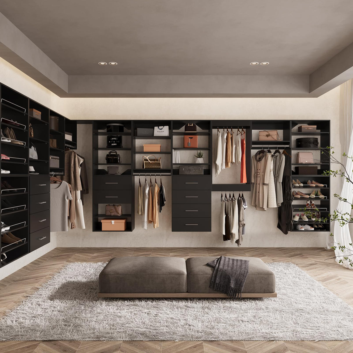 ROOMTEC Modular Closet System, 78" Wall-Mounted Closet Organizer with Drawers and Hanging Rods, Wooden Tower for Walk-In Closets, Wardrobe Storage Kit, Black ROOMTEC