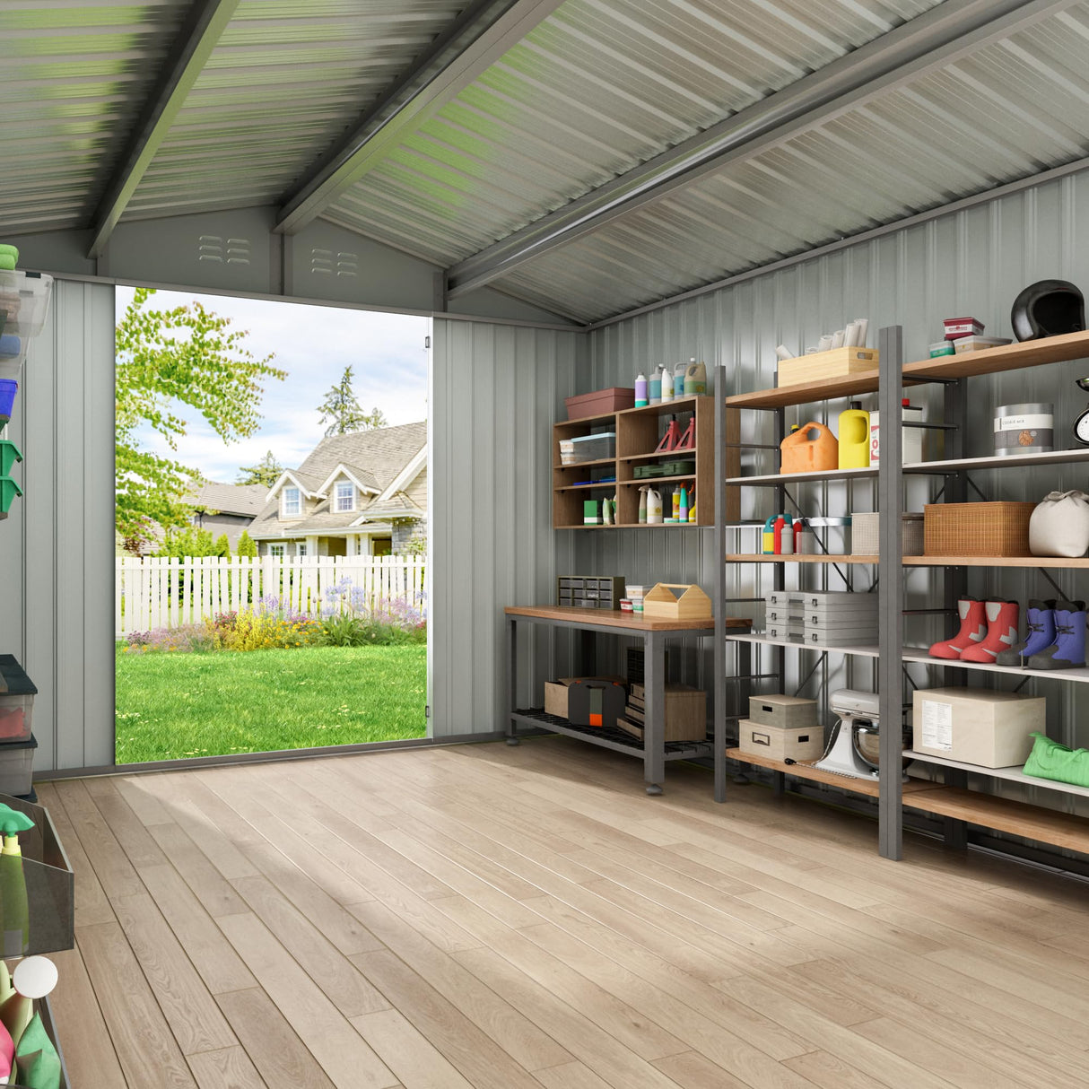 HOGYME 10x12 FT Outdoor Storage Shed, Large Metal Tool Sheds with Updated Frame Structure and Lockable Doors, Garden Shed for Backyard Garden Patio Lawn Grey HOGYME