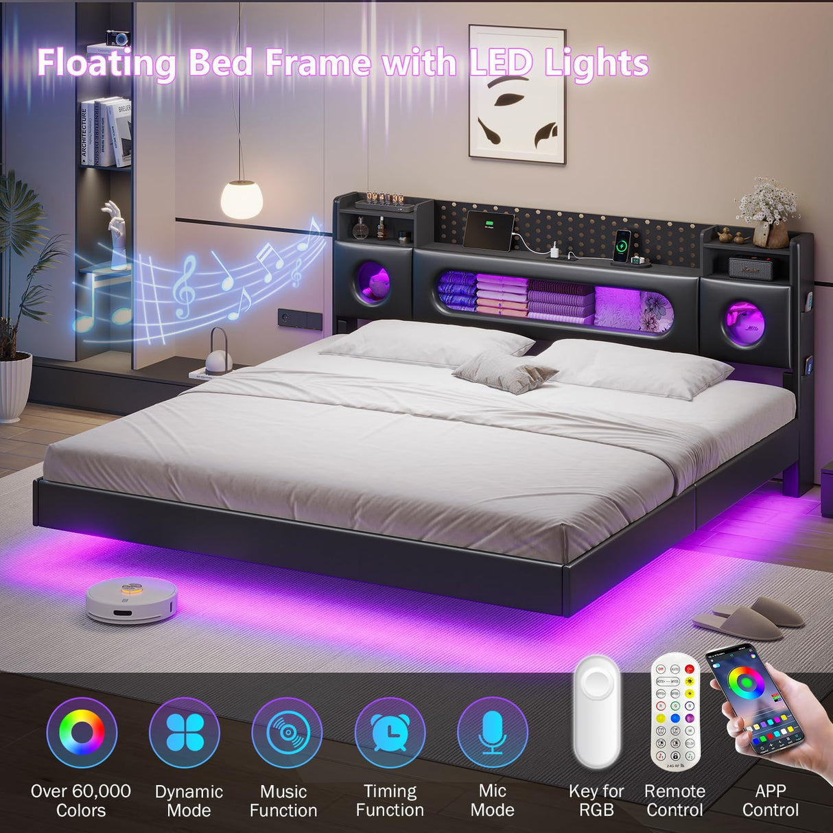 Dnxao Floating Bed Frame,King Bed Frame with Storage Headboard, King Platform Bed Frame with LED Lights and Charging Station, Noise Free, No Box Spring Needed,Quick Assembly,PU Black Dnxao