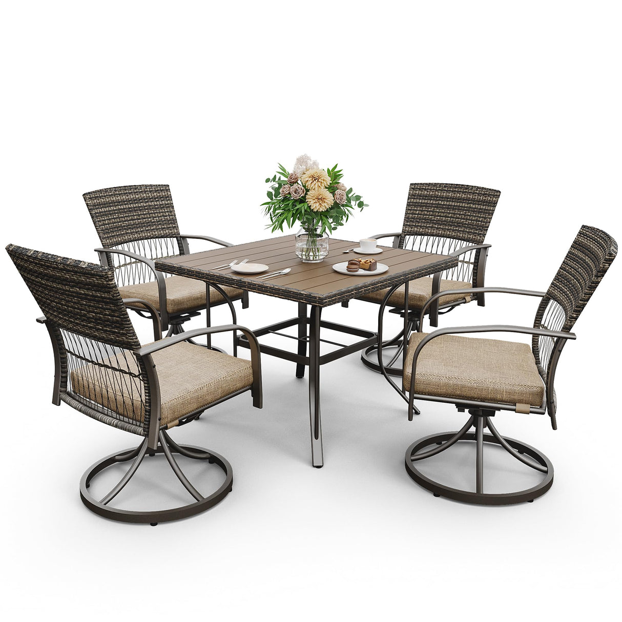 Pamapic 5 Piece Outdoor Dining Set, Rattan Outdoor Patio Furniture Set for Deck Backyard with Plastic-Wood Outdoor Dining Table, 4 Swivel Outdoor Dining Chairs and Removable Cushions (Beige) Pamapic