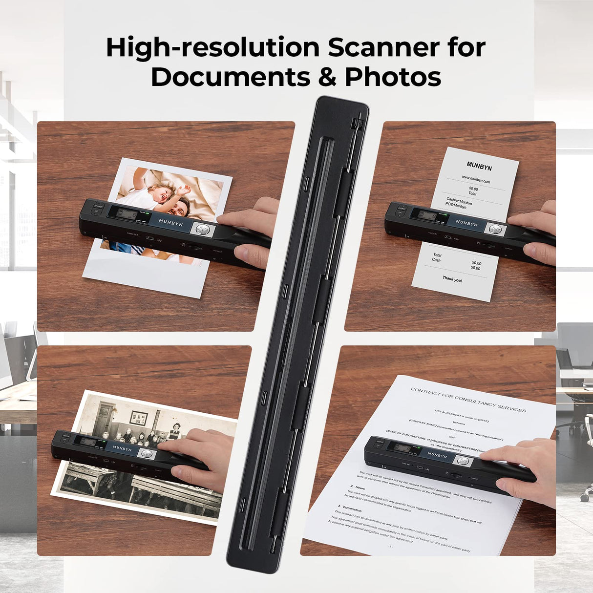 MUNBYN Portable Scanner, Photo Scanner for A4 Documents Pictures Pages Texts in 900 Dpi, Flat Scanning, Include 16G SD Card, Wand Document Reader Uploads Images to Computer Via USB Cable, No Driver MUNBYN