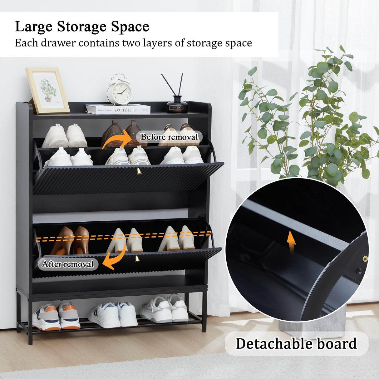 Fluted Shoe Cabinet with 2 Flip Drawers, Modern Slim Shoe Storage Organizer, Narrow Entryway Shoe Rack, Wooden Shoe Cabinet with Metal Legs for Heels, Boots, Slippers in Entrance, Black RARZOE