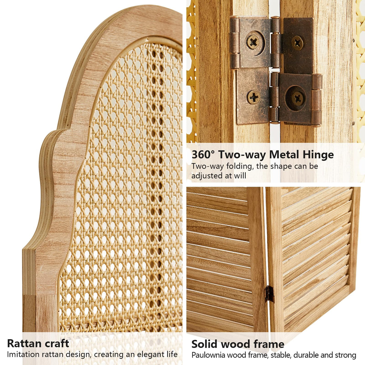 Asnefeli 6 Panels Room Divider Screen, Rustic Rattan Room Divider, Wood Folding Privacy Screen, Foldable Wood Divider Wall, Portable Partition Panel, Wall Divider for Room Separation (Natural) Asnefeli