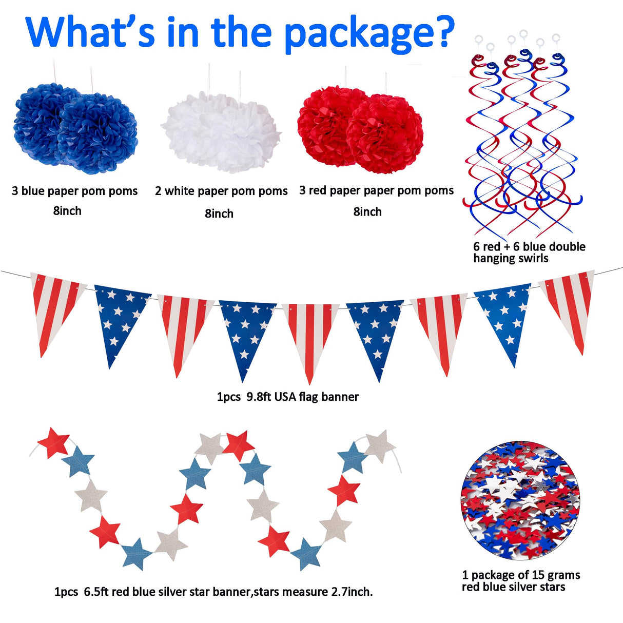 29PCS 4th/Fourth of July Patriotic Decorations Set - Red White Blue Paper Fans,USA Flag Pennant,Star Streamer,Pom Poms,Hanging Swirls Party Decor Supplies jollylife