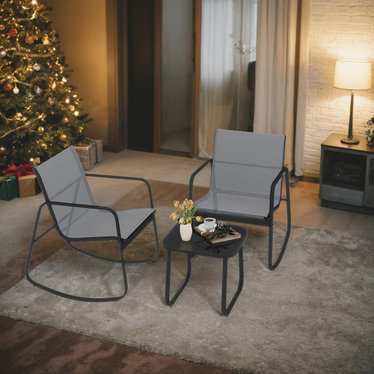 DWVO Gray 3-Piece Patio Bistro Set, Outdoor Textilene Furniture with 2 Rocking Chairs and Coffee Table for Backyard Lawn Garden Balcony Poolside DWVO