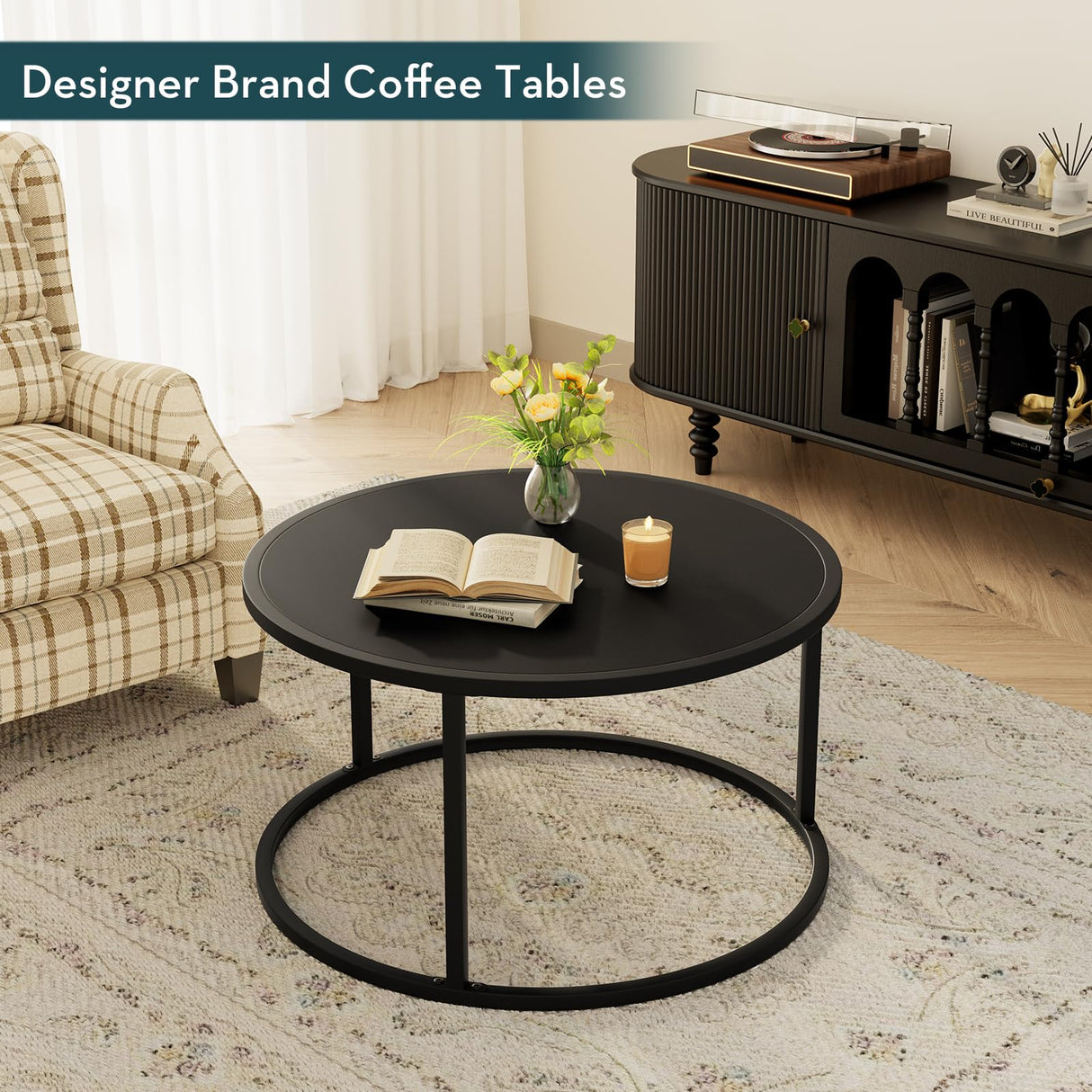 SAYGOER Small Round Coffee Table, Black Coffee Tables for Living Room, Modern Center Table for Small Space Home Office Gardern, 27.6 × 27.6 × 17.7inch, Black SAYGOER