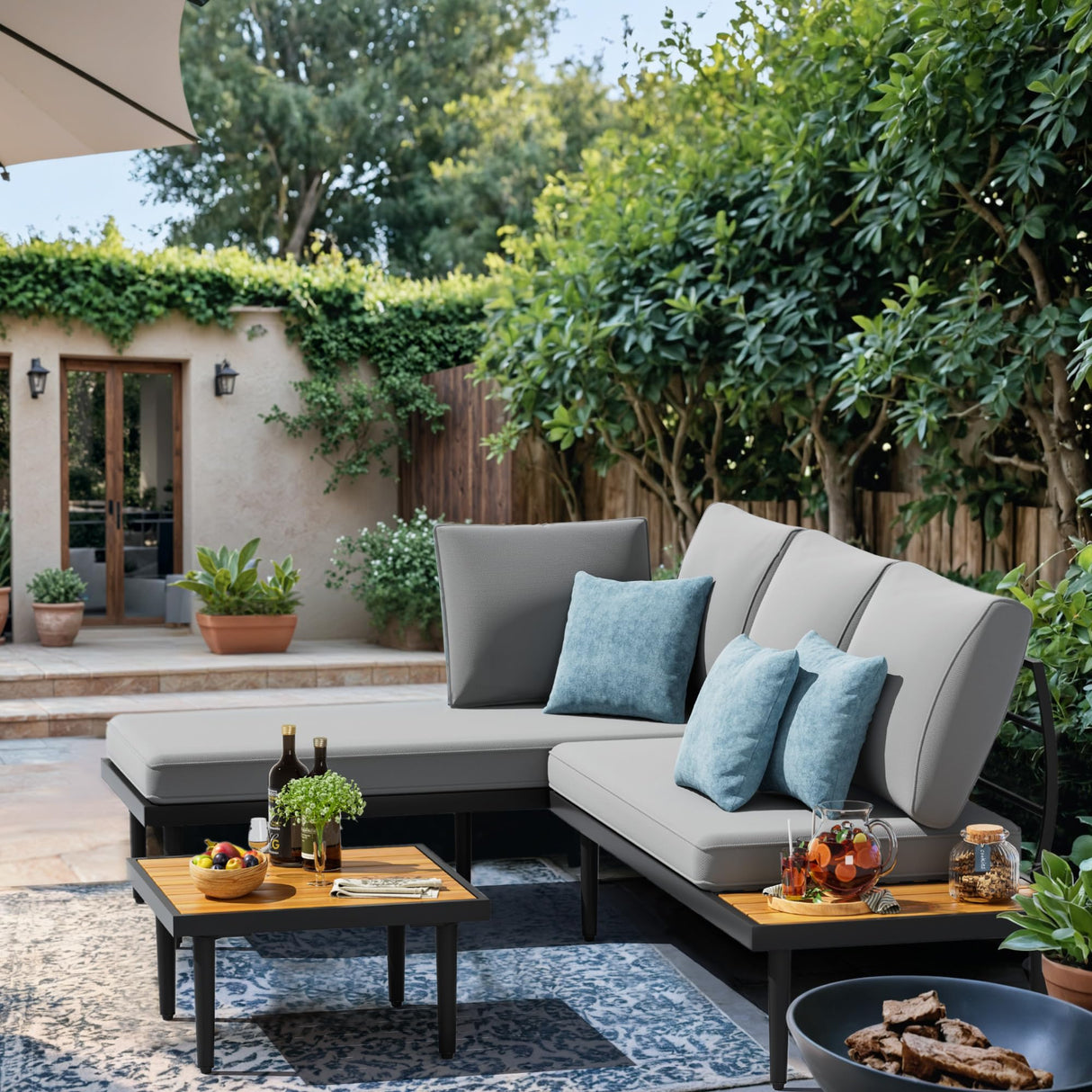 Devoko Outdoor Sectional Furniture Patio Sectional Sofa with Acacia Wood Table, Patio L-Shaped Conversation Set with All-Weather Cushion for Patio,Garden,Backyard(Gray) Devoko