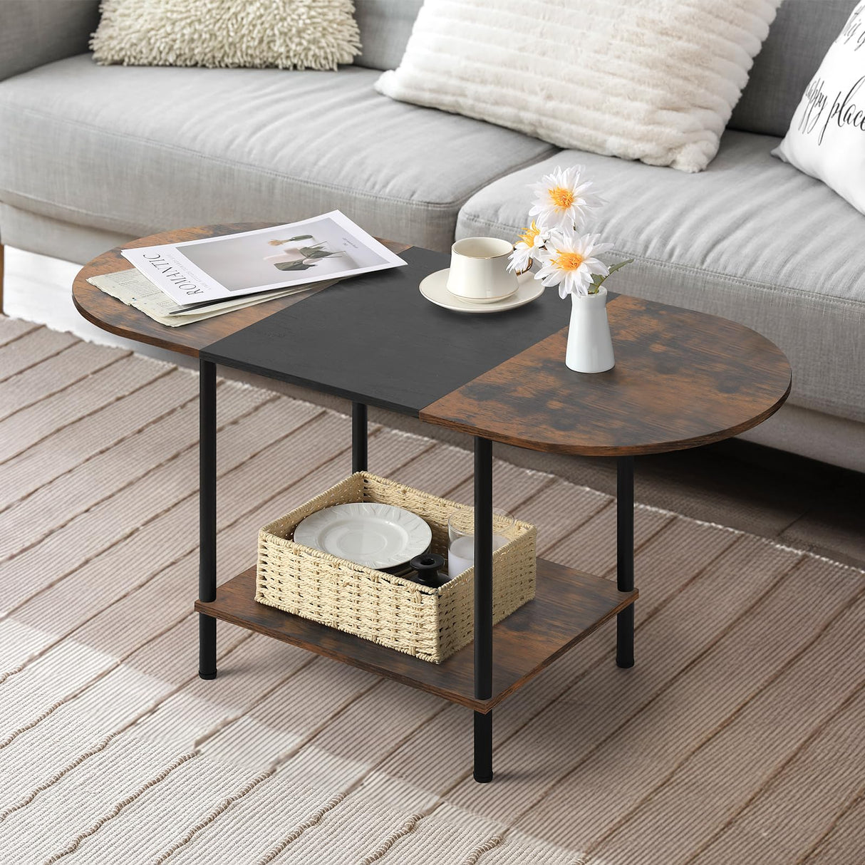 Coffee Tables for Living Room,2-Tier Small Coffee Table Farmhouse Oval Center Table with Storage Shelf and Wood Tabletop,for Small Space,Home Office,Black & Brown Shinoske