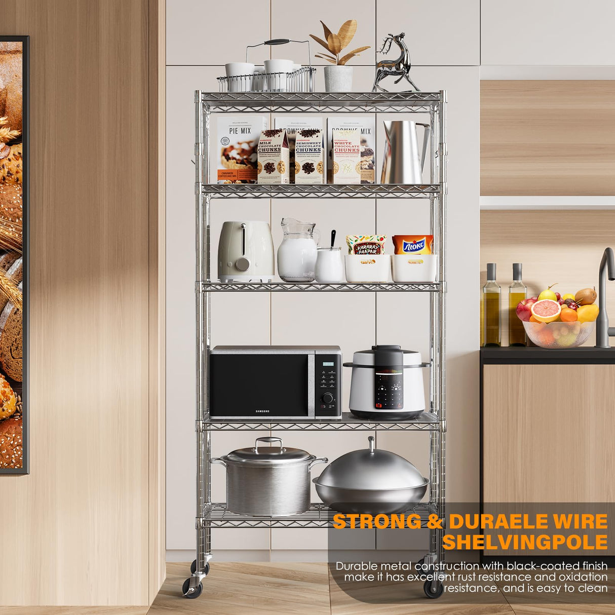 YNN Storage Shelves,1750Lbs 5 Tier Heavy Duty Metal Rolling Shelving Unit with Wheels & 8 Hooks, Adjustable Garage Wire Rack for Kitchen, Bathroom,Industrial,Pantry(36" W x 14" D x 72" H, Chrome) YNN