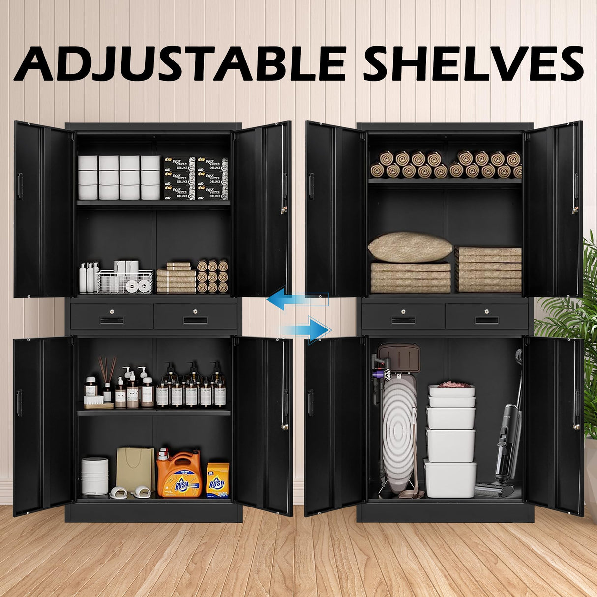 Wanfu Metal Storage Cabinet, 71" Locking Storage Cabinet with Adjustable Shelves and 2 Drawers, Steel Storage Cabinet for Office, Garage, Home, School, Utility Room(Black) Wanfu