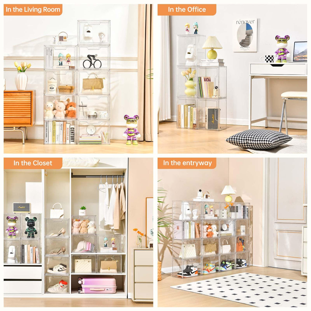 Stebopum Purse Organizer for Closet,Clear Acrylic Display Case for Handbag Organizer, Purse Storage Box with Magnetic Door, Plastic Storage Bins for Book, Collectibles, Cosmetic (5 Pack) Stebopum