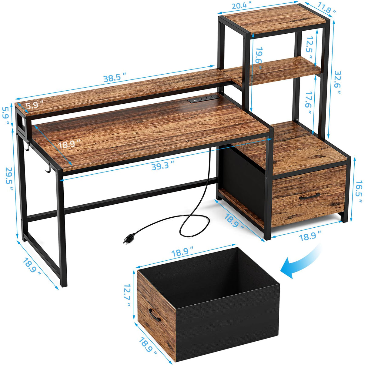 GreenForest Office Desk with Power Outlets and Printer Shelf, 59 inch Computer Desk with LED and Drawer, Reversible Gaming Desk with Storage for Home Study Working,Walnut GreenForest