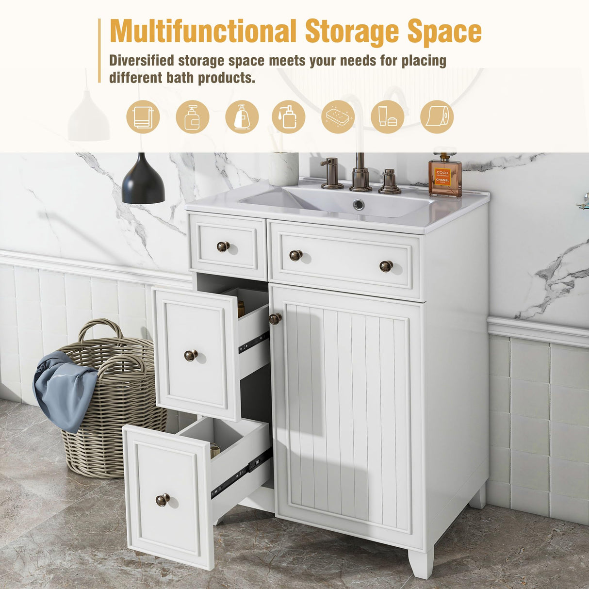 Harper & Bright Designs 24" Bathroom Vanity with Sink, Free Standing Single Basin Vanity Set with Two Drawers and One Door, Modern Wooden Bathroom Cabinet with Ceramic Basin for Bathroom, White Harper & Bright Designs