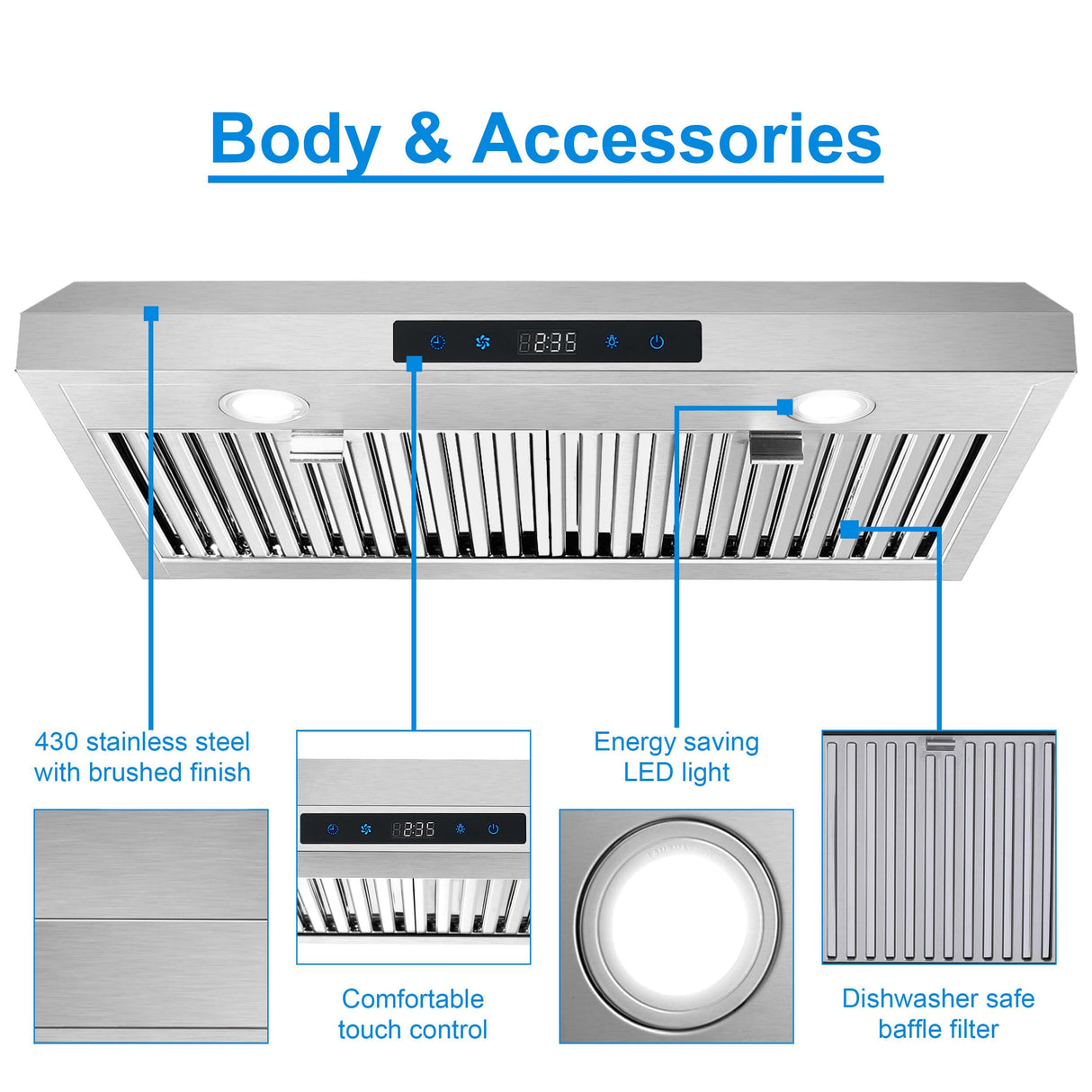 SNDOAS Range Hood 30 Inch Under Cabinet,Ductless Range Hoods with Touch Control,3-Venting Kitchen hood,Stainless Steel Vent Hood,Under Cabinet Range Hood 30 inch,Hood Vents for Kitchen 3 Speeds SNDOAS