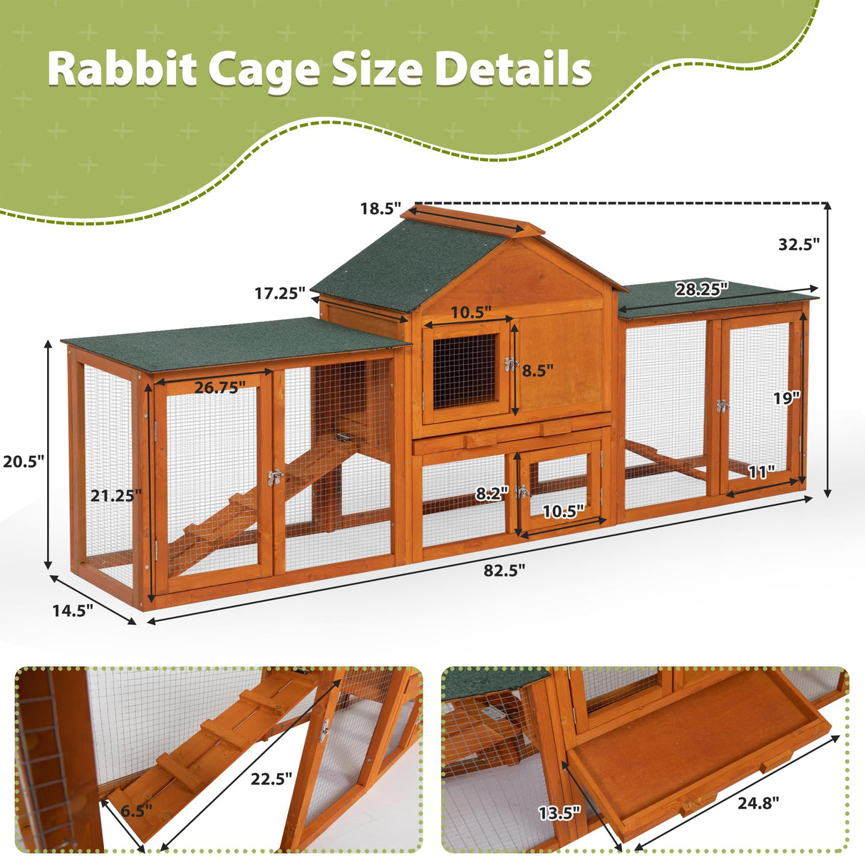 COZIWOW 83” Extra Large Wooden Rabbit Hutch Outdoor Easy to Assemble and Durable Rabbit Cage Bunny Hutch Indoor with Cleaning Tray & Waterproof Roof for Small and Medium Bunny Rabbit Chick (Orange) COZIWOW