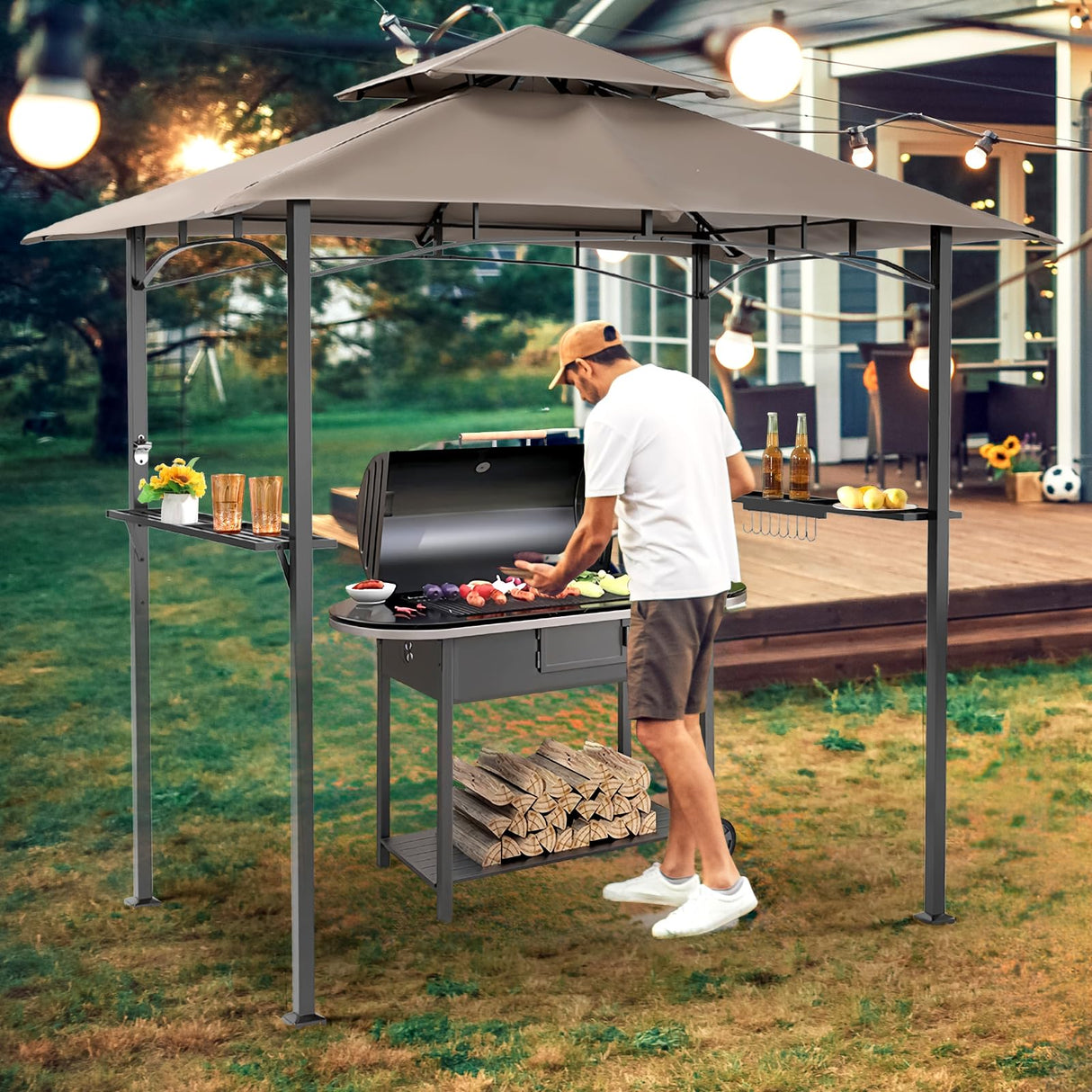 SUNCROWN Outdoor Grill Gazebo 8 x 5, Patio Double Tiered BBQ Canopy w/Air Vent, Gazebo Canopy with 8 Hook Tools for Barbecue Picnic Garden, Backyard, Poolside -Brown SUNCROWN