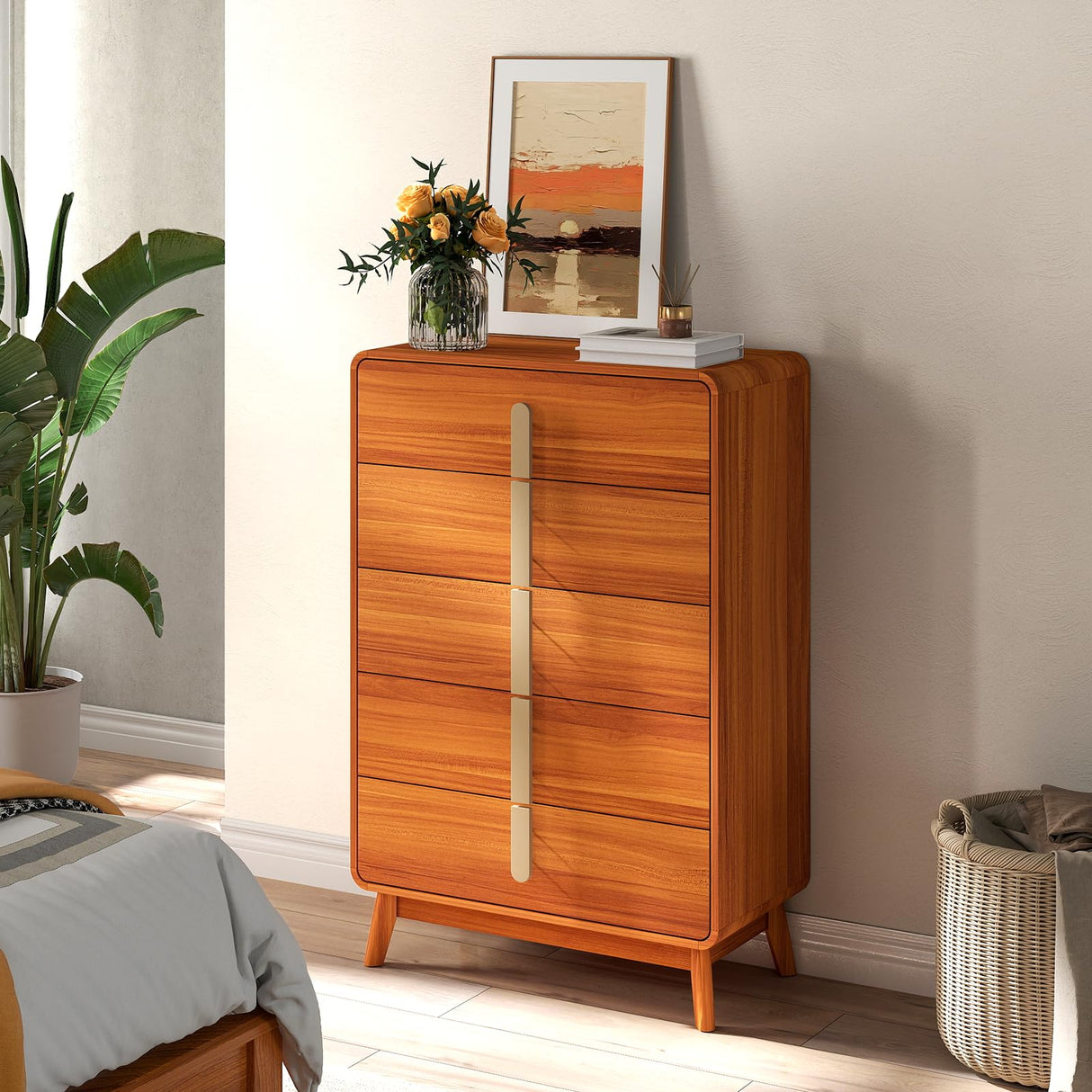 pnochoo 5 Drawer Dresser,Mid Century Modern Dresser for Bedroom,47.2" Tall Wooden Dresser,Entryway Cabinet with Drawers,Chest of Drawers with Metal Handle for Living Room,Hallway,Cherry pnochoo