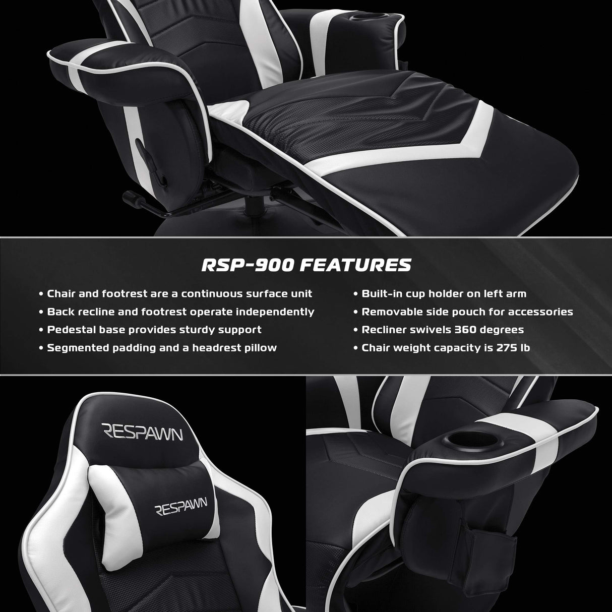 RESPAWN 900 Gaming Recliner - Video Games Console Recliner Chair, Computer Recliner, Adjustable Leg Rest and Recline, Recliner with Cupholder, Reclining Gaming Chair with Footrest - White RESPAWN