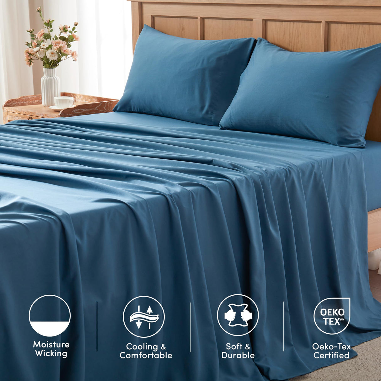 Comfort Spaces King Cooling Sheets, Moisture Wicking Coolmax Sheets, Soft, Colorfast Sheet Set, Cooling Bed Sheets For Hot Sleepers, Elastic Deep Pocket Fits Up to 16" Mattress, King Teal 4 Piece Comfort Spaces