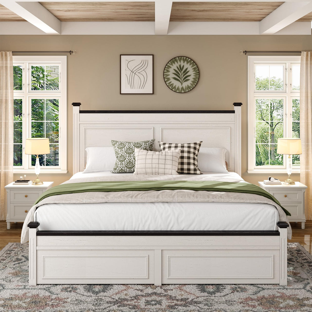 Homkdom King Size Bed Frame with Tall Headboard,Bed Frame King with Storage,2 Drawers,Farmhouse,Wooden,No Noise,No Box Spring Needed,White Homkdom