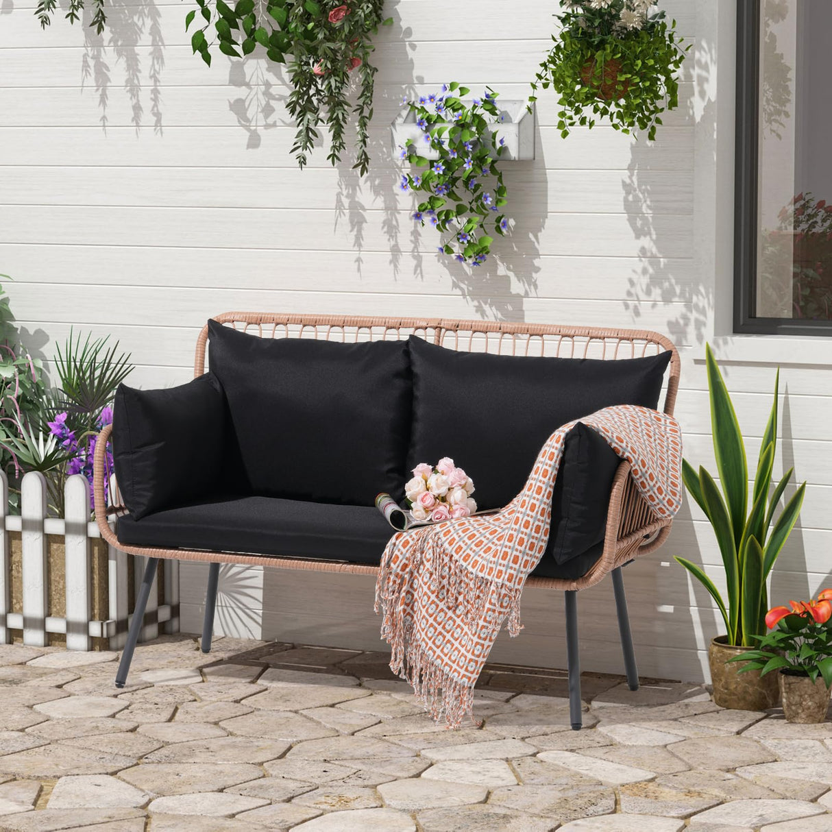 Verano Garden Patio Loveseat, Outdoor Balcony Furniture, Wicker Patio Set with Cushions & Pillows, Patio Furniture Couch for Porch, Backyard, Deck, Poolside (Black) Verano Garden