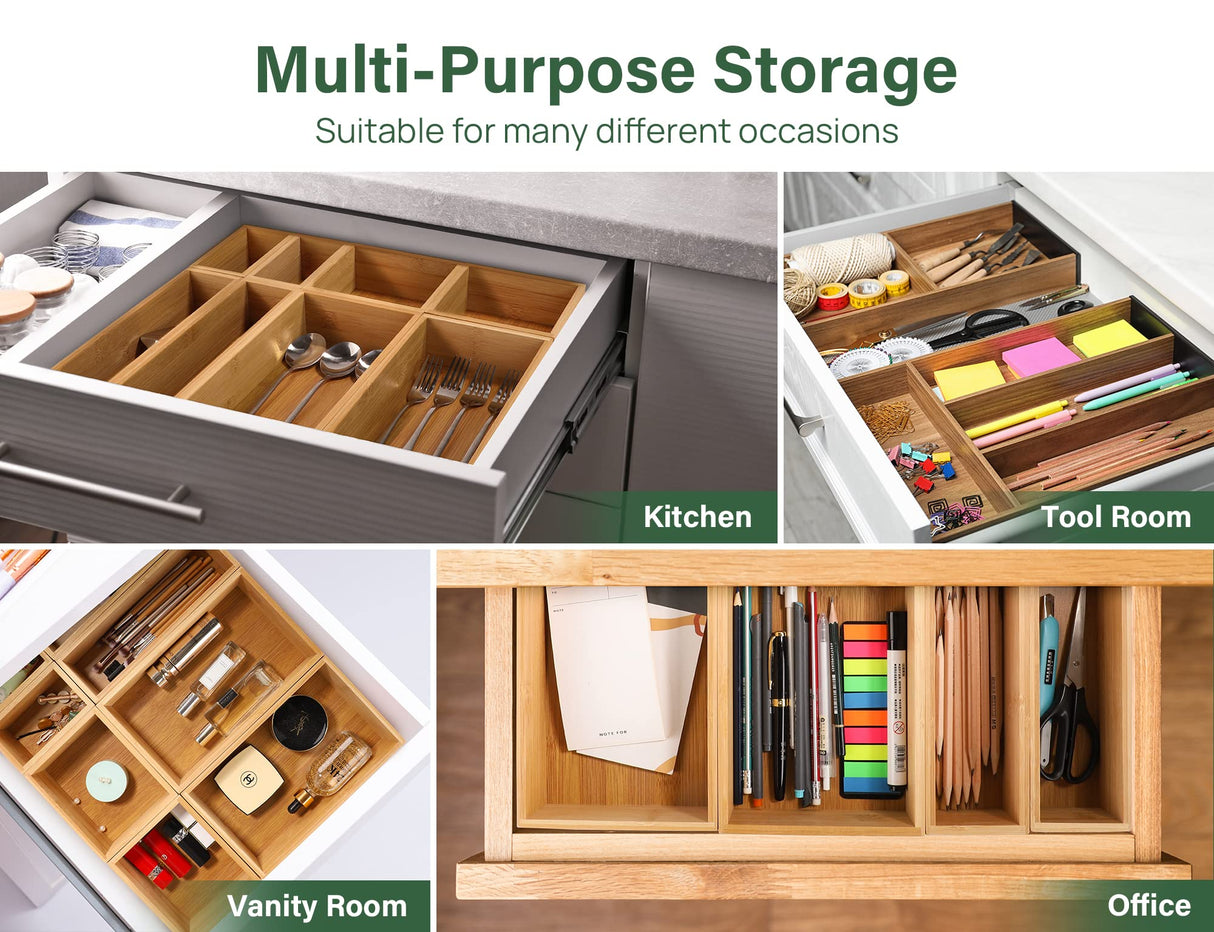 Kootek 8 Pcs Bamboo Drawer Organizer Utensil Tray Kitchen Storage Box 4-Size Versatile Dividers Cutlery Holders Bins Containers for Flatware Kitchen Utensils Kootek