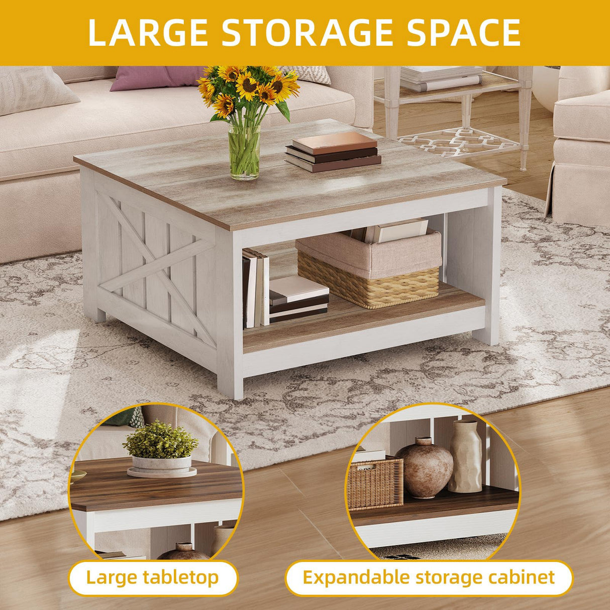 DWVO Square Coffee Table for Living Room, Farmhouse Coffee Table with Storage, 2-Tier Wood Coffee Tables Center Table with Half Open Storage Compartment, Grey Wash DWVO