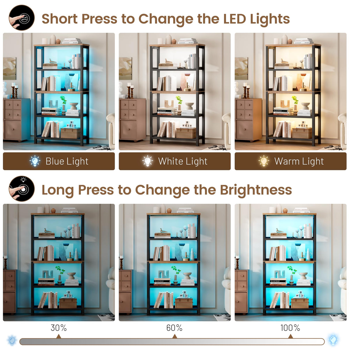 Vlsrka Wooden Bookshelf with Lights, 5 Tier Bookshelf with Storage, Tall Bookcase with Open Shelves, Standing Bookshelves Display Rack for Living Room, Home Office, Black Vlsrka