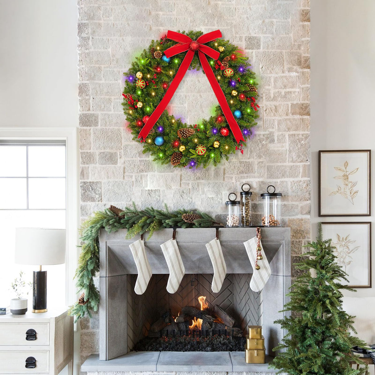 48 Inch Christmas Wreath, Pre Lit Christmas Wreath with 200 Lights, Red Bow, Ornament Balls, Remote Control, 11 Light Modes, Giant Christmas Wreaths Perfect for Garage Porch Roof Fireplace Outdoor colorspec