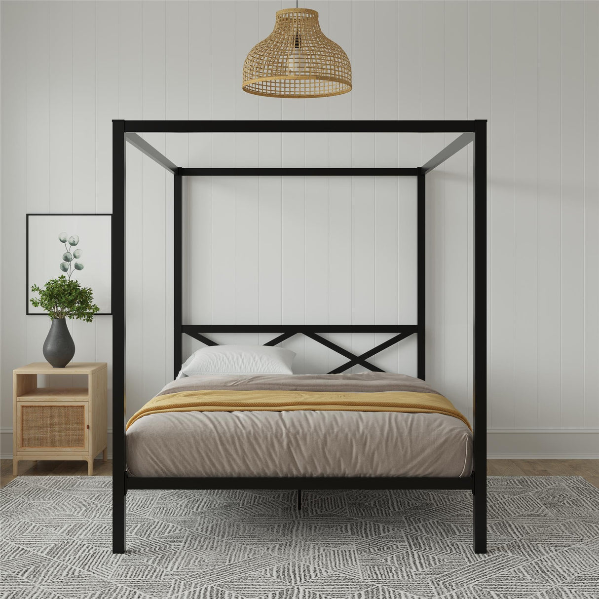 DHP Remna Metal Canopy Platform Bed Frame with Headboard, Queen. Black DHP