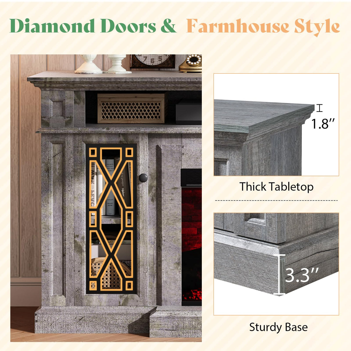 AMERLIFE 70" Farmhouse Heavy Fireplace TV Stand with 33" Electric Fireplace, for 80" TVs up, Media Entertainment Center with Diamond Door, TV Console Storage Cabinet for Living Room, Grey AMERLIFE