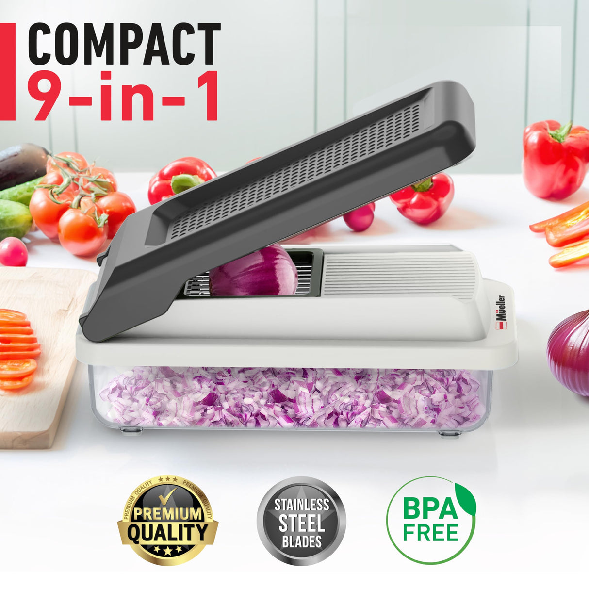 Mueller Vegetable Chopper 9 Blade, Mandoline Slicer, Food Veggie Chopper, Cheese Grater, Onion Vegetable Cutter with Container, Dicer, Kitchen Gadgets & Essentials, White Sand/Grey Mueller
