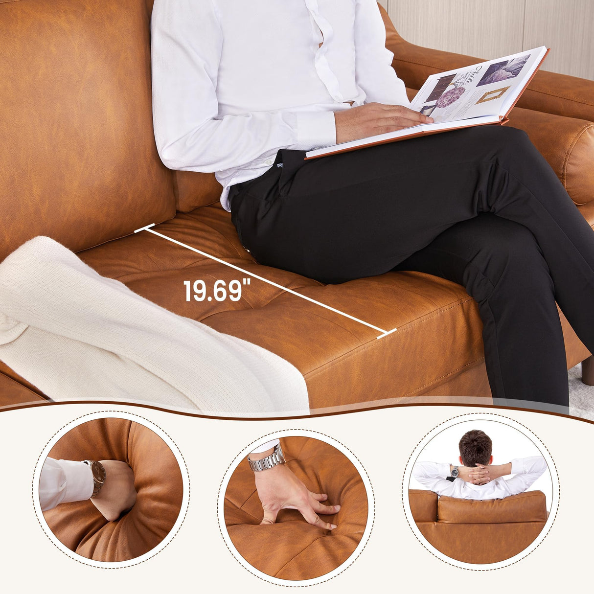 GarveeHome 88.9 in Leather L-Shape Sofa with Convertible Chaise, Modern Mid-Century Sofa for Living Room, 3 Seat Comfy Leather Couch with Deep Seat, Cognac Tan GarveeHome