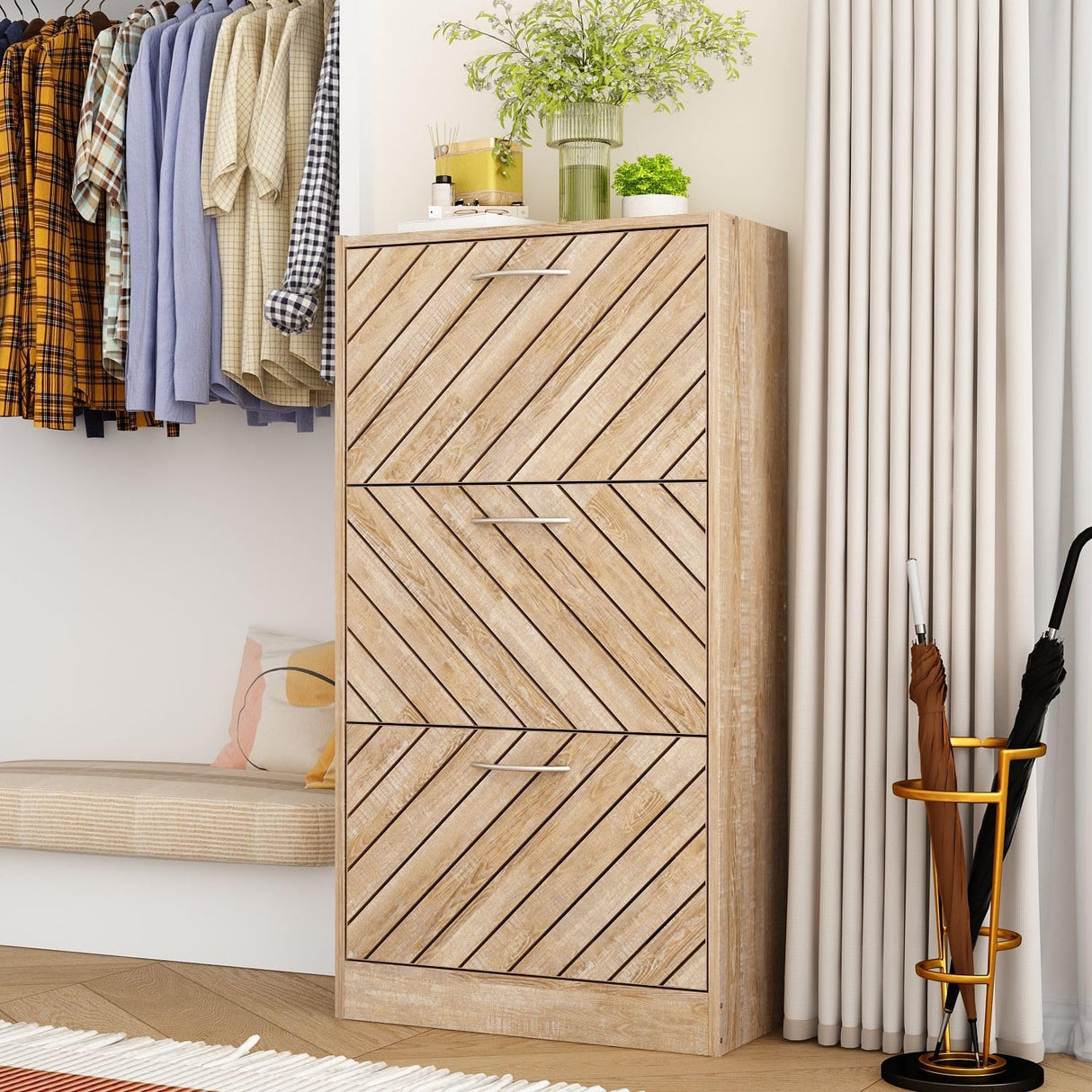 MOUMON Shoe Cabinet with 3 Flip Drawers, Slanted Design, Shoe Storage Organizer for Hallway Light Brown (22.4”W x 9.4”D x 42.3”H) MOUMON