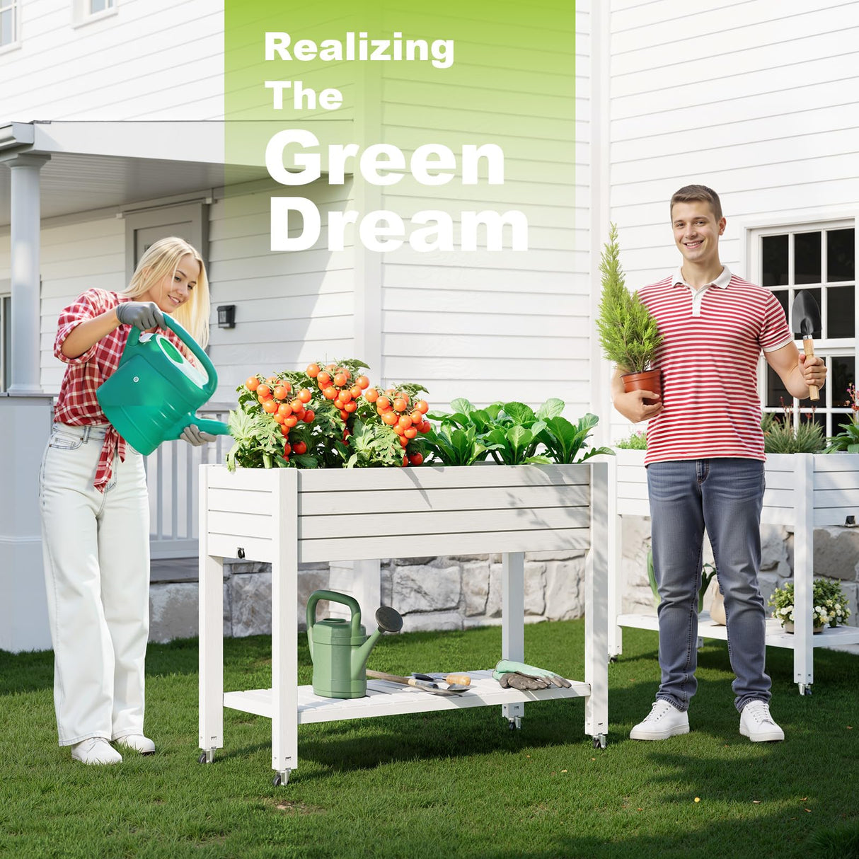 GYMHILL Elevated Raised Garden Bed with Wheels,Outdoor Large Resin Patio Planter Box Stand Divisible with Drain Plug,Water Monitor for Plants Vegetables Flowers Fruits(Ashen) GYMHILL