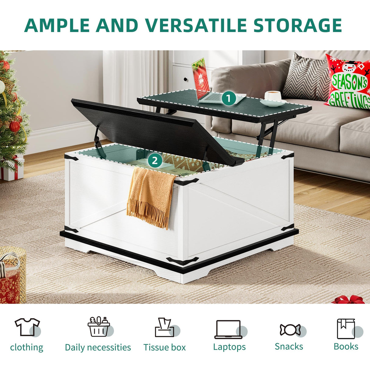 YITAHOME Farmhouse Lift Top Coffee Table, Square Wood Center Table with Large Hidden Storage Compartment for Living Room, Rustic Cocktail Table with Lift Top for Home Office, White and Black YITAHOME