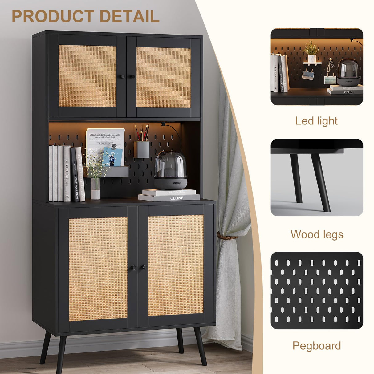 Svimi Rattan Kitchen Pantry Storage Cabinet with Power Outlets, LED Lights, Pegboard - 62.6" Tall Hutch Sideboard Buffet Cabinet, Organized Storage for Kitchen, Dining Room and Hallway Black Svimi