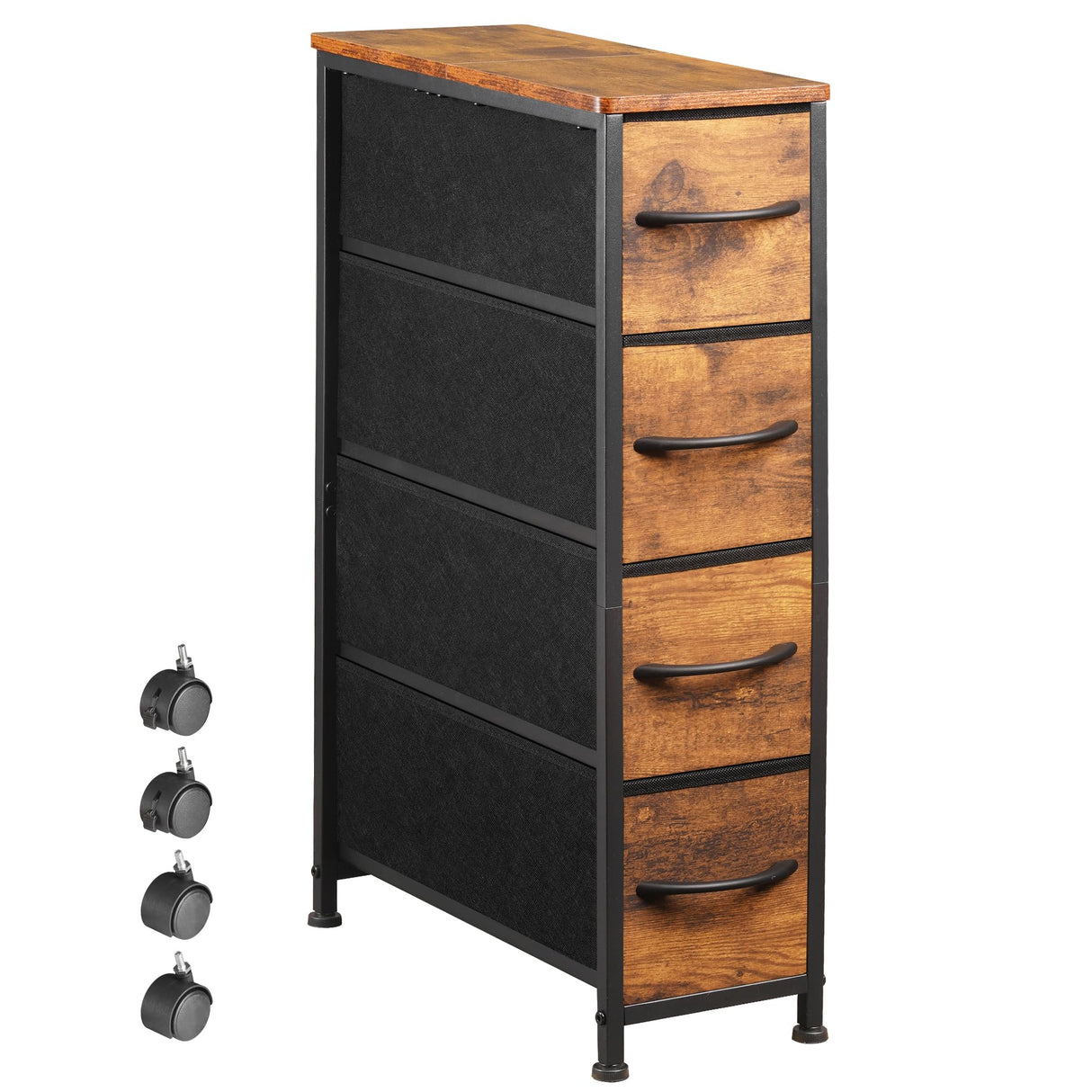 EKNKOZY Rustic Brown Narrow Dresser Tower with 4 Drawers and Steel Frame EKNKOZY